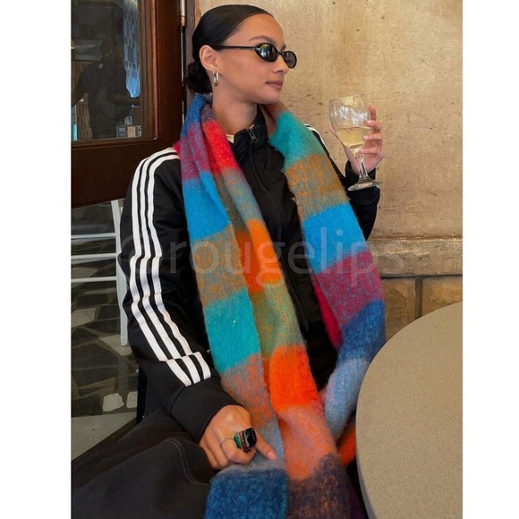 Plaid Multicolor Wide Shawl Scarf With Tassels Fuzzy Knit - Picture 2 of 9